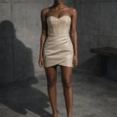 Robe bustier en cuir Aspa beige, vue de face, coupe ajustée et jupe asymétrique