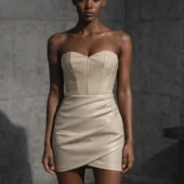 robe-bustier-cuir-aspa-beige-face-principal Robe bustier en cuir Aspa beige, bustier cœur et coutures apparentes, plan rapproché