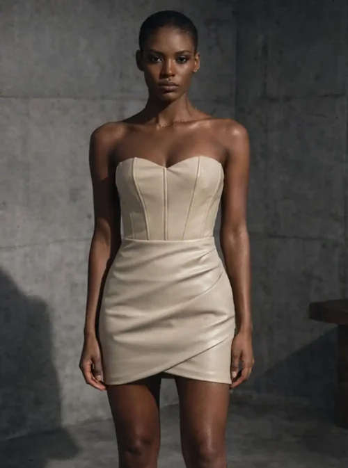 Robe bustier en cuir Aspa beige, bustier cœur et coutures apparentes, plan rapproché
