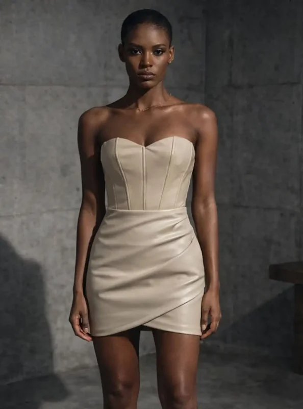 Robe bustier en cuir Aspa beige, bustier cœur et coutures apparentes, plan rapproché