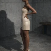 Robe bustier en cuir Aspa beige, vue de profil, silhouette sculptante et taille marquée