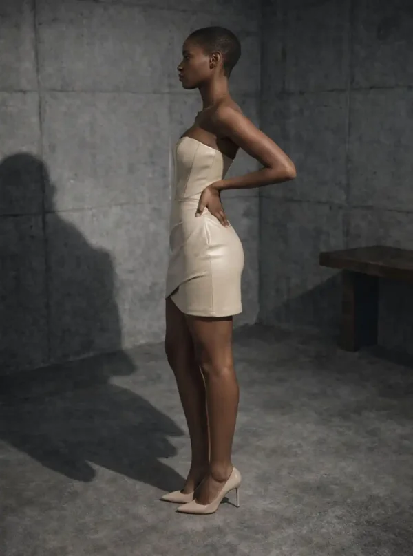 Robe bustier en cuir Aspa beige, vue de profil, silhouette sculptante et taille marquée
