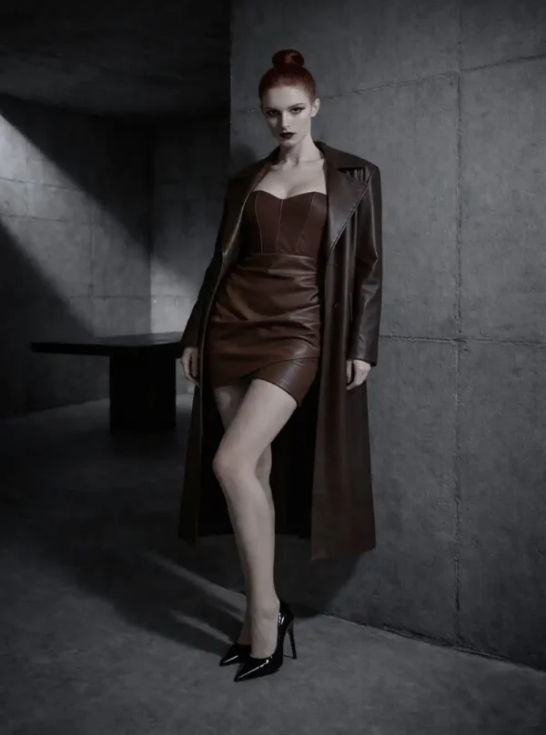 Robe bustier en cuir Aspa marron portée avec long manteau cuir ton sur ton, mannequin rousse appuyée contre mur béton