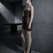 Robe bustier en cuir Aspa marron, vue de profil, taille marquée et décor béton
