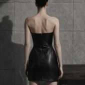 robe-bustier-cuir-aspa-noir-dos-zoom Robe bustier en cuir Aspa noire, vue de dos, fermeture éclair et découpes bustier, plan rapproché