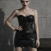 robe-bustier-cuir-aspa-noir-face-principal Robe bustier en cuir Aspa noire, bustier cœur et coutures apparentes, plan rapproché