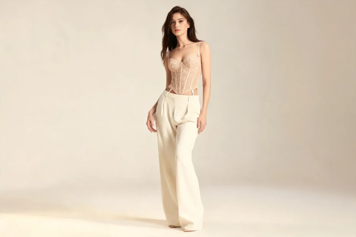 Guêpière dentelle nude avec pantalon large ivoire — guêpière portée en look élégant