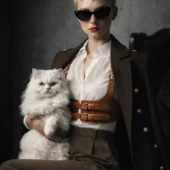 Harnais cuir Valdis marron, mannequin assise tenant chat blanc, lunettes de soleil et veste militaire