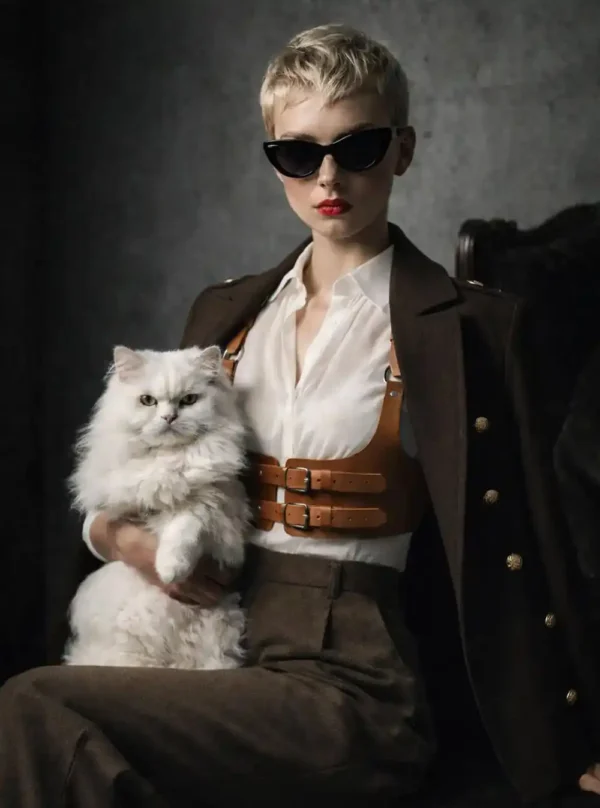 Harnais cuir Valdis marron, mannequin assise tenant chat blanc, lunettes de soleil et veste militaire