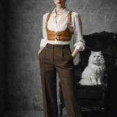 Harnais cuir Valdis marron porté sur chemise blanche, vue de face, chat blanc en arrière-plan