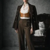 Harnais cuir Valdis marron porté avec veste militaire marron, chat blanc à collier
