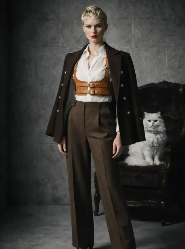 Harnais cuir Valdis marron porté avec veste militaire marron, chat blanc à collier