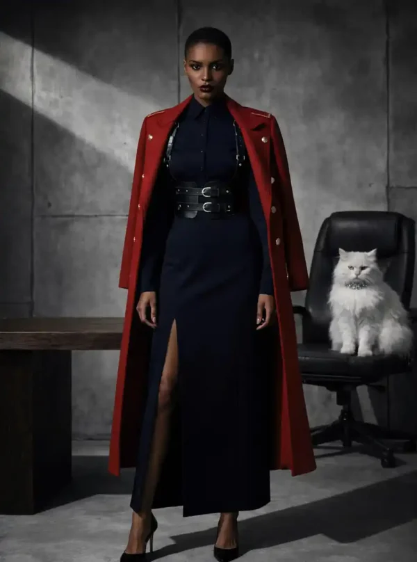 Harnais cuir Valdis noir porté avec manteau rouge militaire, vue de face