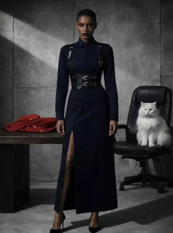 Harnais cuir Valdis noir porté sur chemise marine boutonnée, vue de face