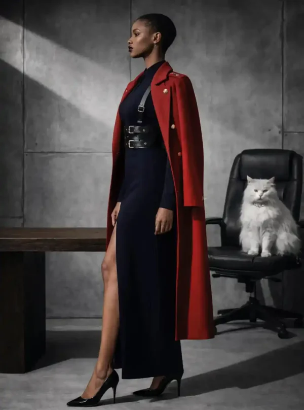 Harnais cuir Valdis noir, vue de profil avec manteau rouge militaire