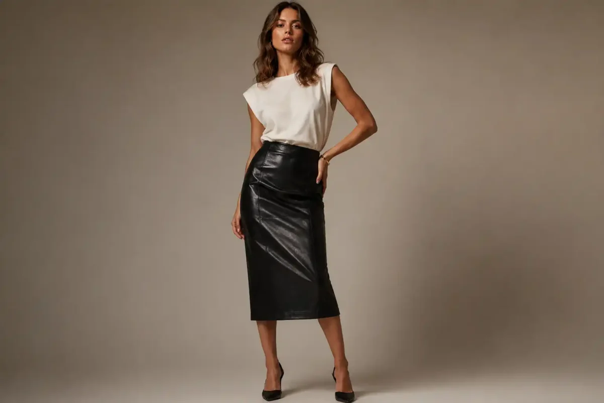 Femme portant une jupe cuir noire avec un top blanc simple — pièce forte et pièce neutre