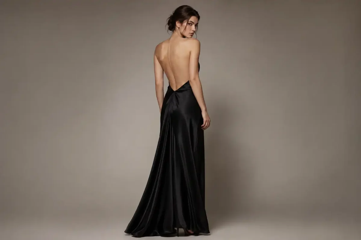 Femme portant une robe longue en satin noir dos nu — guide morphologie Shivaleecious