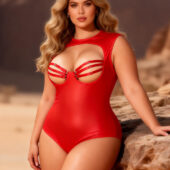 Body Similicuir Épaule Ajourée Grande Taille Rouge (1) Body Similicuir Épaule Ajourée