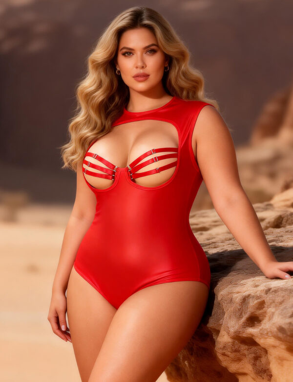 Body Similicuir Épaule Ajourée Grande Taille Rouge (1) Body Similicuir Épaule Ajourée