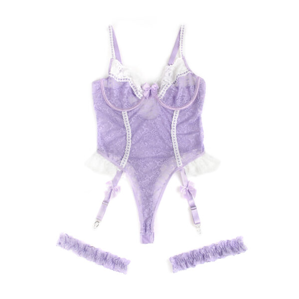 Body dentelle bicolore à nœuds et jarretières violet (8) Body dentelle bicolore à nœuds et jarretières