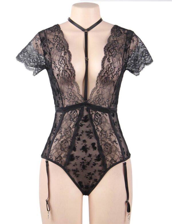 Body dentelle florale manches courtes jarretières