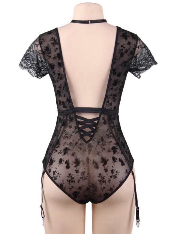 Body dentelle florale manches courtes jarretières