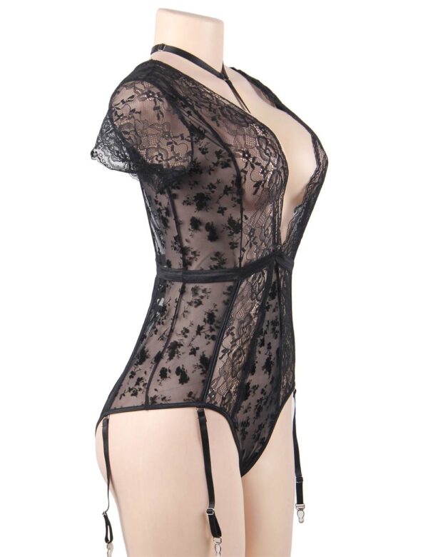 Body dentelle florale manches courtes jarretières