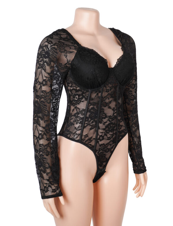 Body dentelle manches longues col carré noir (4) Body dentelle manches longues col carré