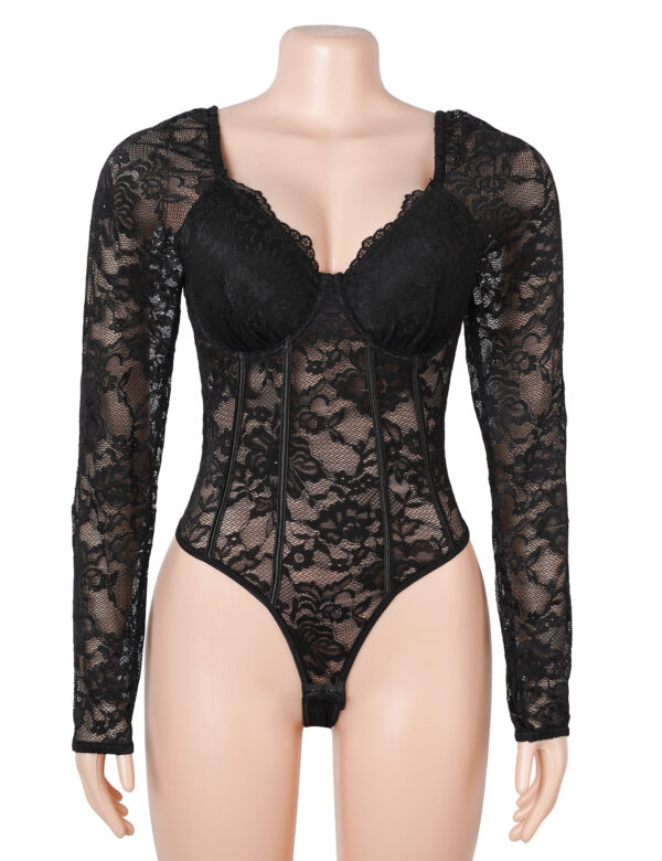 Body dentelle manches longues col carré noir (6) Body dentelle manches longues col carré