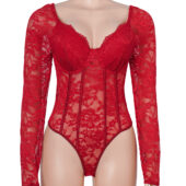 Body dentelle manches longues col carré rouge (3) Body dentelle manches longues col carré