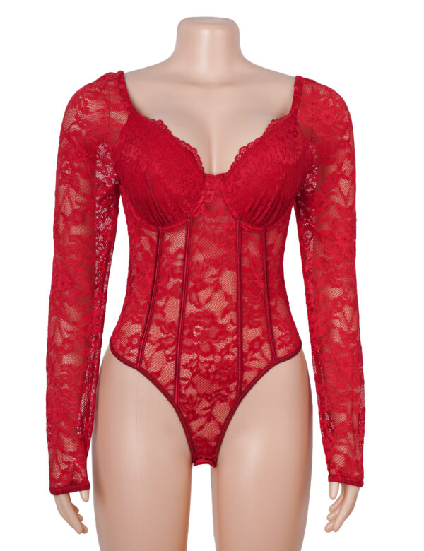 Body dentelle manches longues col carré rouge (3) Body dentelle manches longues col carré