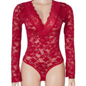 Body dentelle manches longues col montant rouge (2) Body dentelle manches longues col montant