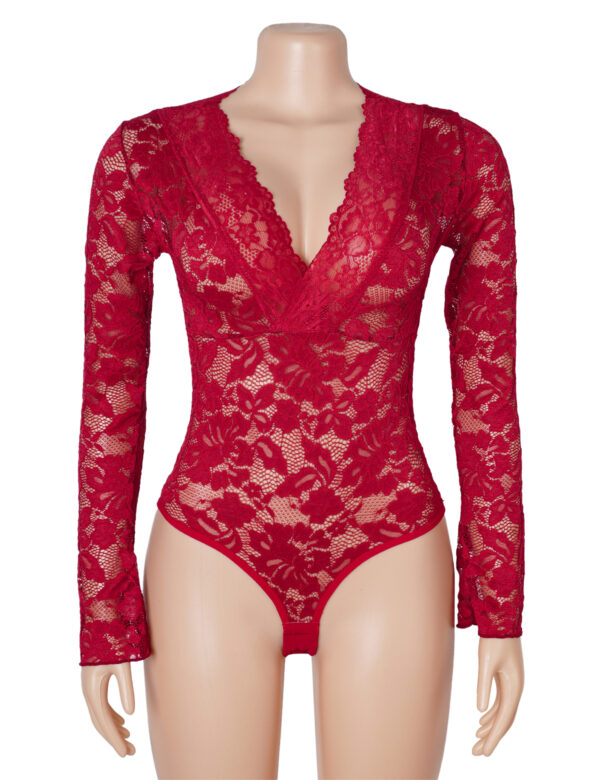 Body dentelle manches longues col montant rouge (2) Body dentelle manches longues col montant