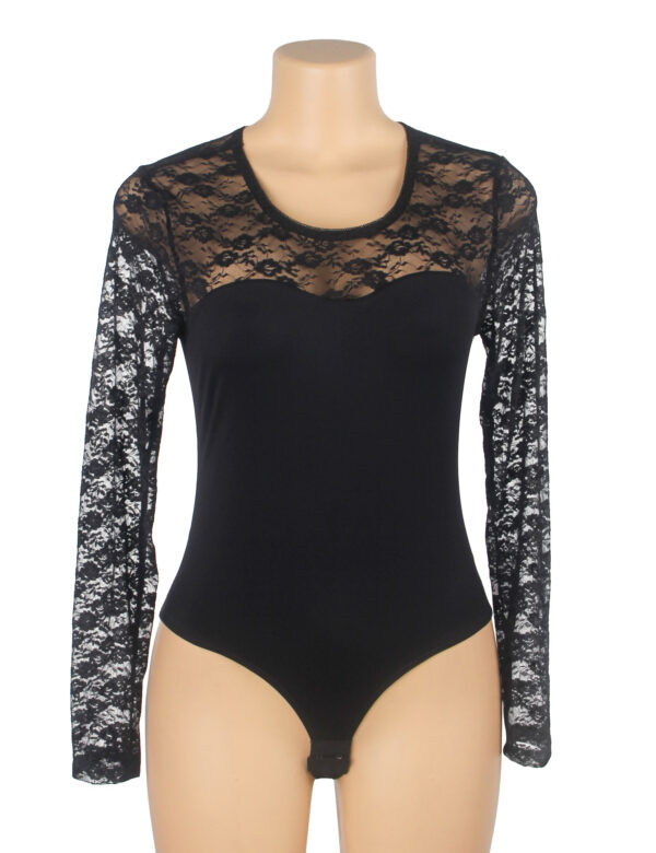 Body dentelle manches longues col rond noir (3) Body dentelle manches longues col rond