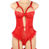 Body dentelle sensuelle à jarretières intégrées rouge (3) Body dentelle sensuelle à jarretières intégrées