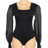 Body manches bouffantes en mousseline col carré noir (1) Body manches bouffantes en mousseline col carré