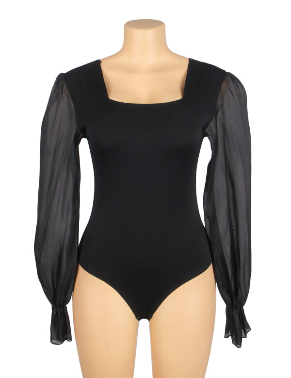 Body manches bouffantes en mousseline col carré noir (1) Body manches bouffantes en mousseline col carré