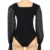 Body manches bouffantes en mousseline col carré noir (2) Body manches bouffantes en mousseline col carré