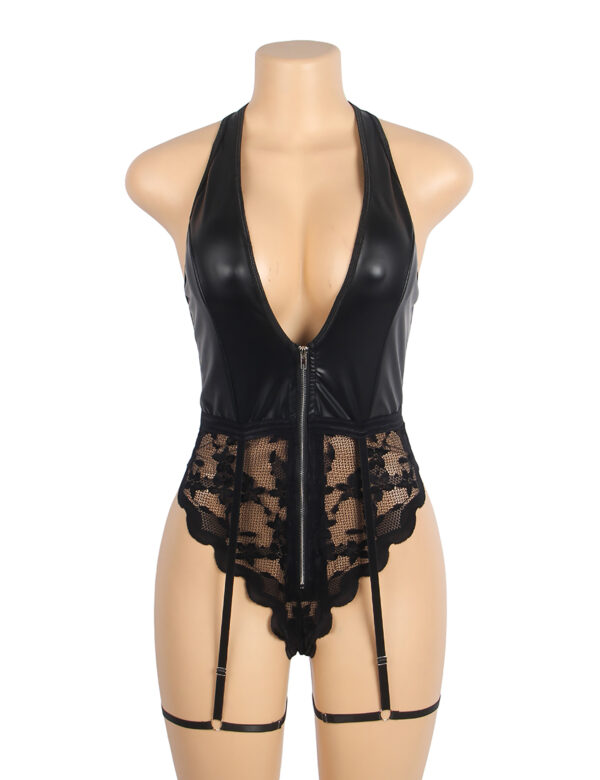 Body similicuir zippé dentelle jarretières noir (4) Body similicuir zippé dentelle jarretières