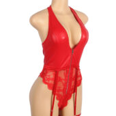 Body similicuir zippé dentelle jarretières rouge (2) Body similicuir zippé dentelle jarretières