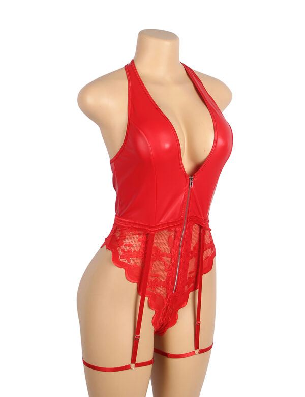 Body similicuir zippé dentelle jarretières rouge (2) Body similicuir zippé dentelle jarretières