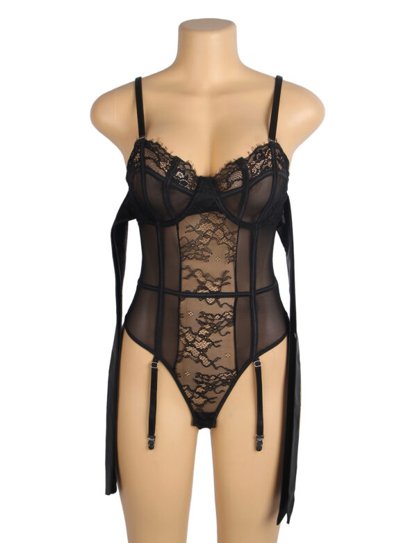 Bustier cage nœuds satin jarretières noir