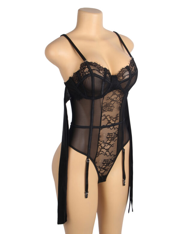 Bustier cage nœuds satin jarretières noir