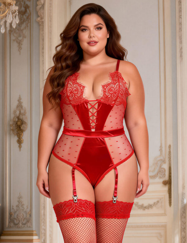 Bustier dentelle lacé à pois jarretières grande taille (1) Bustier dentelle lacé à pois et jarretières