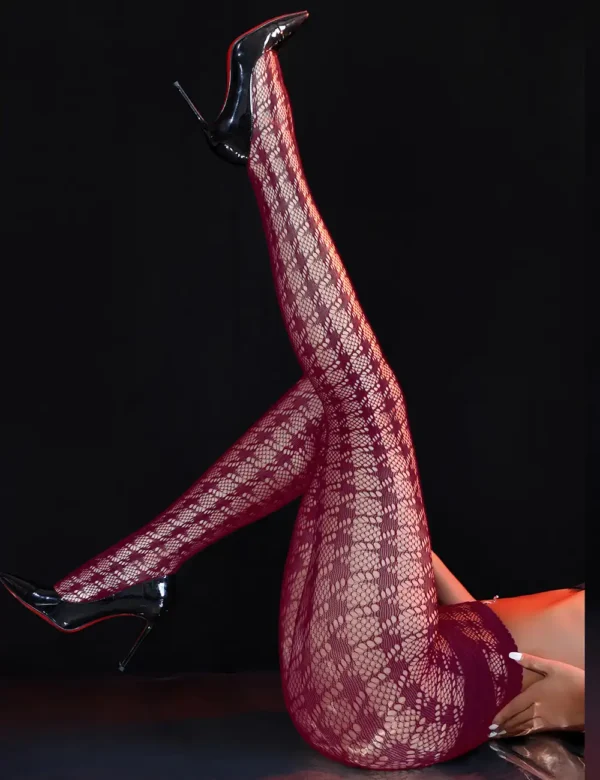 Collants bordeaux en résille à motifs géométriques (4) Collants bordeaux en résille à motifs géométriques