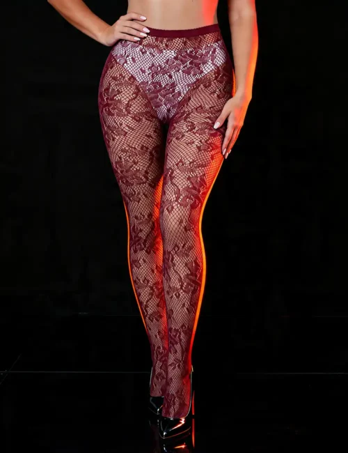 Collants bordeaux en résille florale (1) Collants bordeaux en résille florale