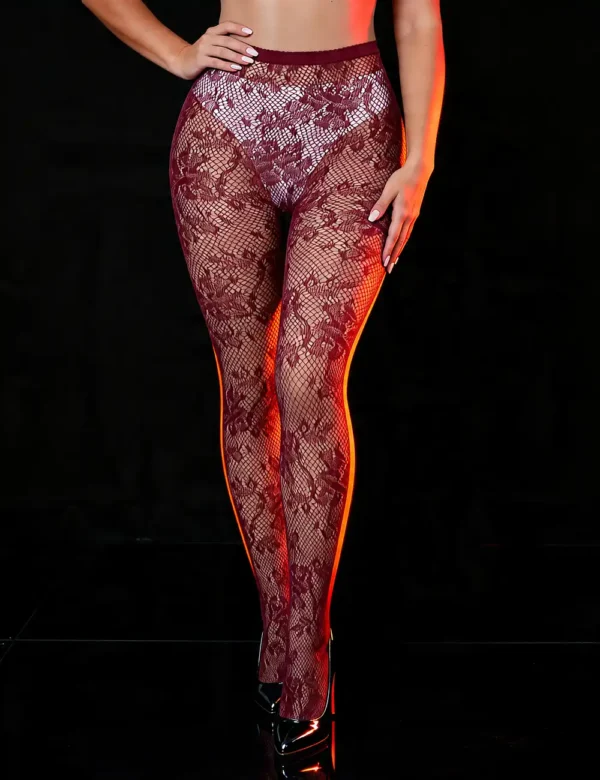 Collants bordeaux en résille florale (1) Collants bordeaux en résille florale