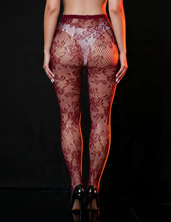 Collants bordeaux en résille florale (2) Collants bordeaux en résille florale