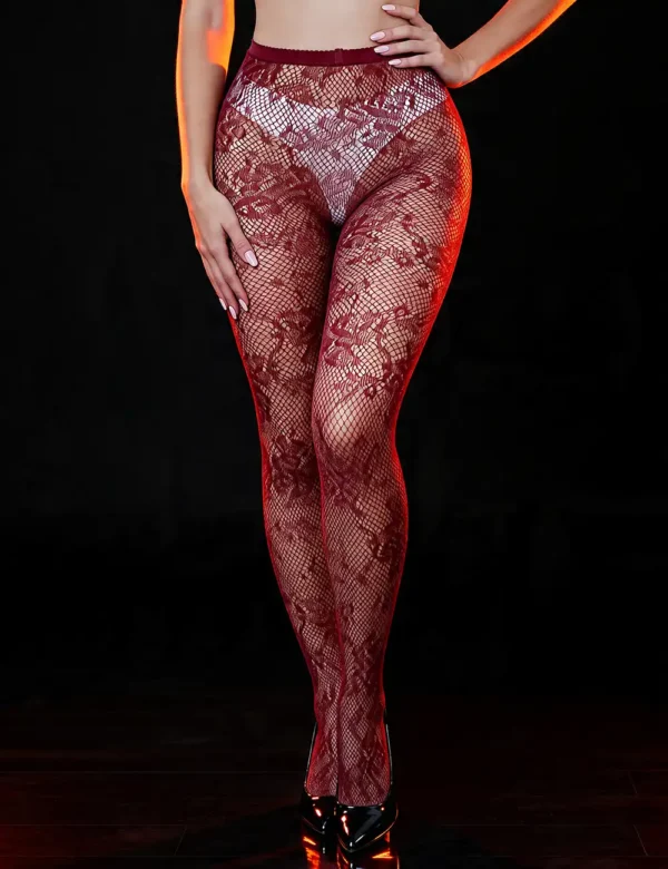Collants bordeaux en résille florale (3) Collants bordeaux en résille florale