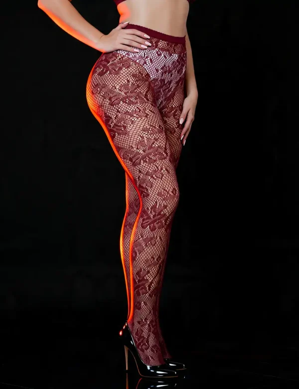 Collants bordeaux en résille florale (4) Collants bordeaux en résille florale